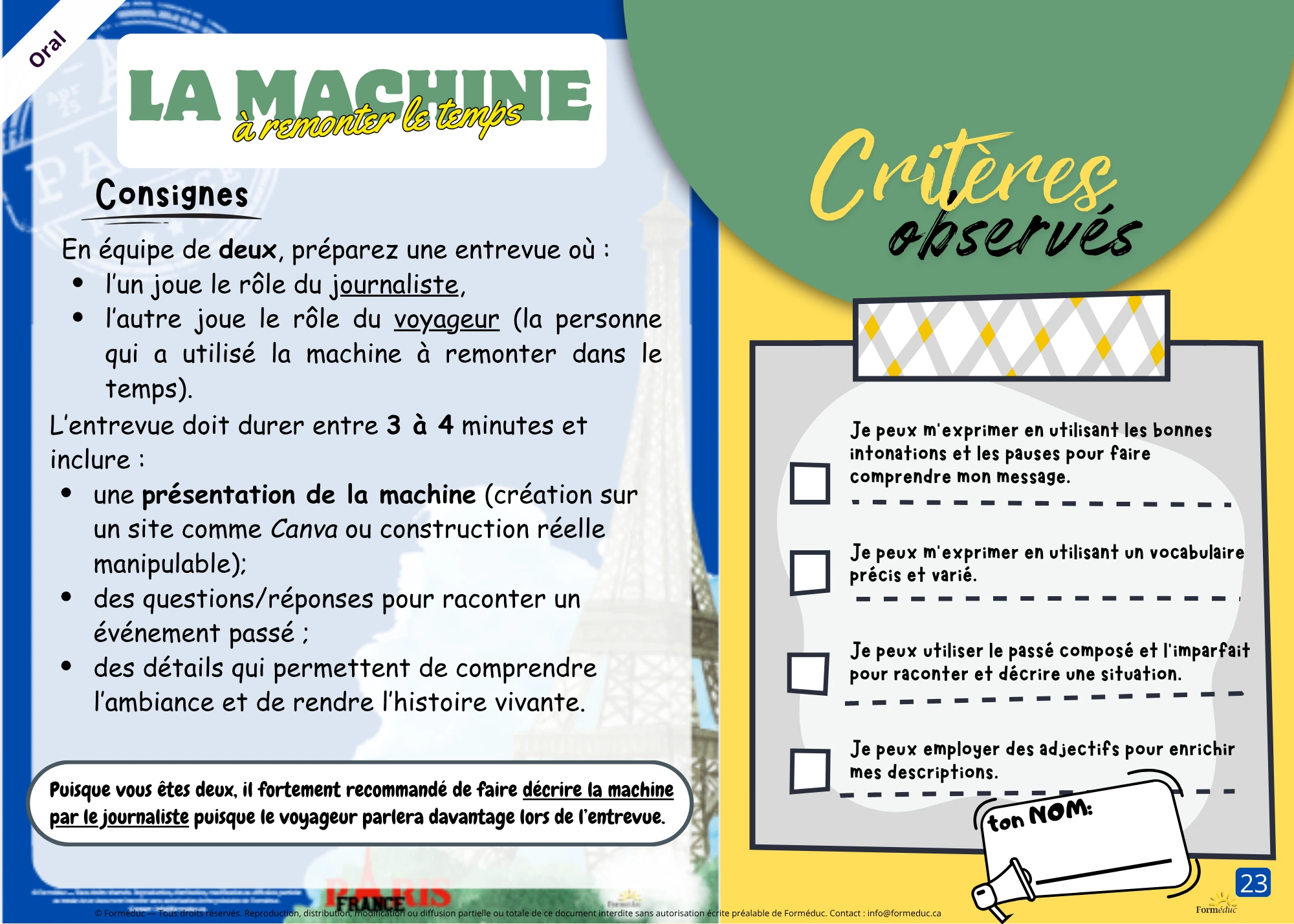 Communication orale — La machine à remonter le temps